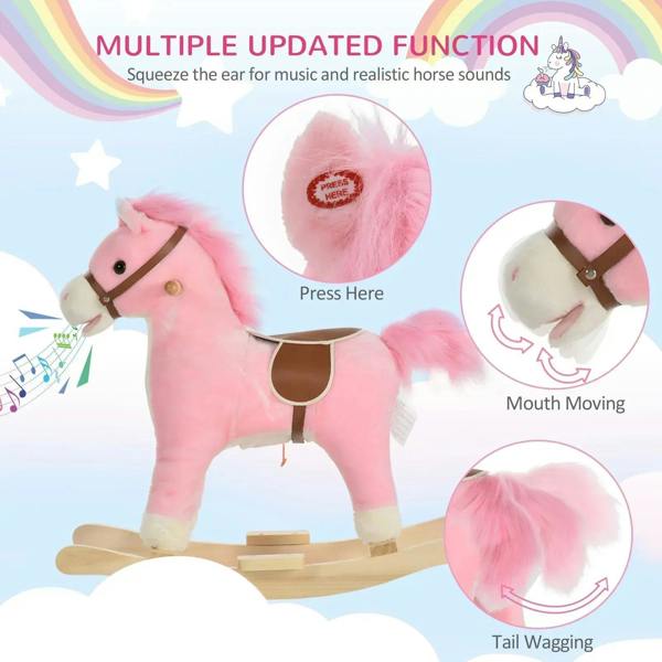 Pink plush rocking horse on wooden rockers with brown saddle and stirrups