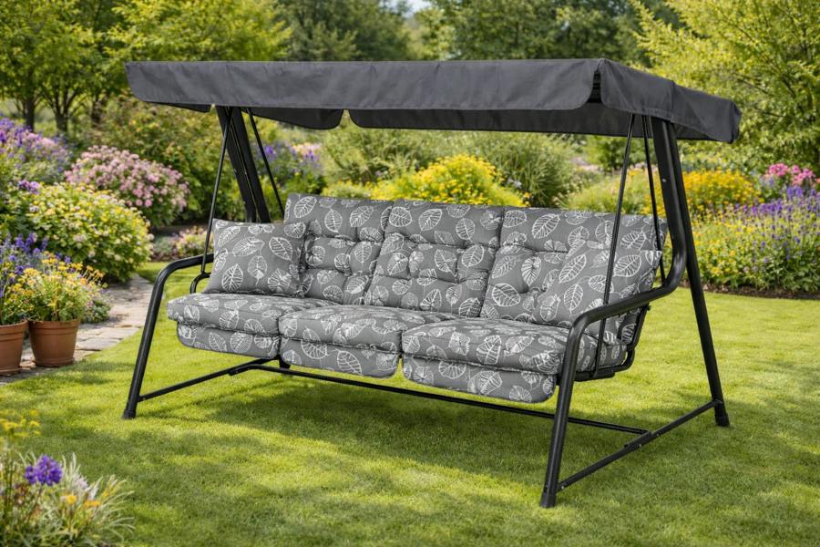 Vienna Deluxe 3 Seater Garden Hammock with Canopy - Free Standing Swing Seat 173cm (L) x 160cm (H) Aspen Grey Leaf The Garden Furniture Shop