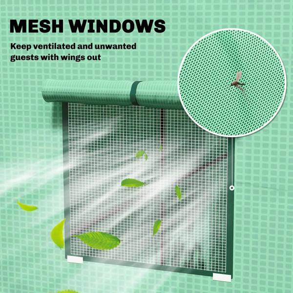 Green greenhouse mesh window with circular vent and insect-netting