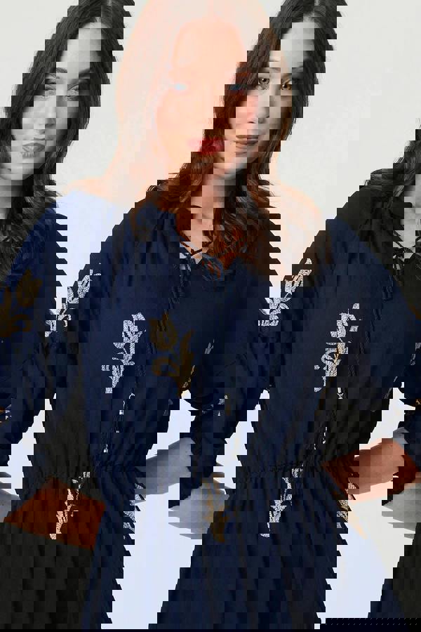 Navy | Floral Embroidered 3/4 Sleeve Maxi Dress