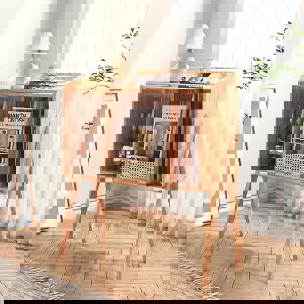 Calvin Side Table with Mini Book Storage in a lifestyle setting with shoe storage cabinets