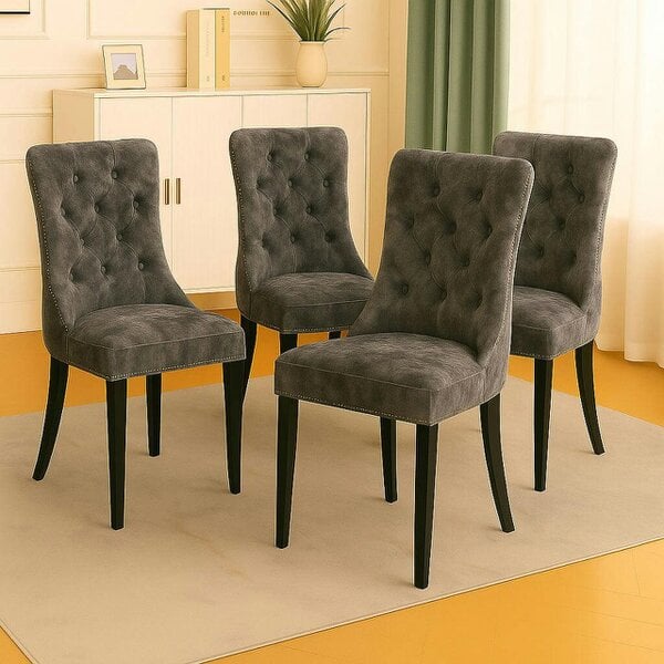 Neo Set of Four Dark Grey Studded Velvet Dining Table Chair with Ring Knocker Detail