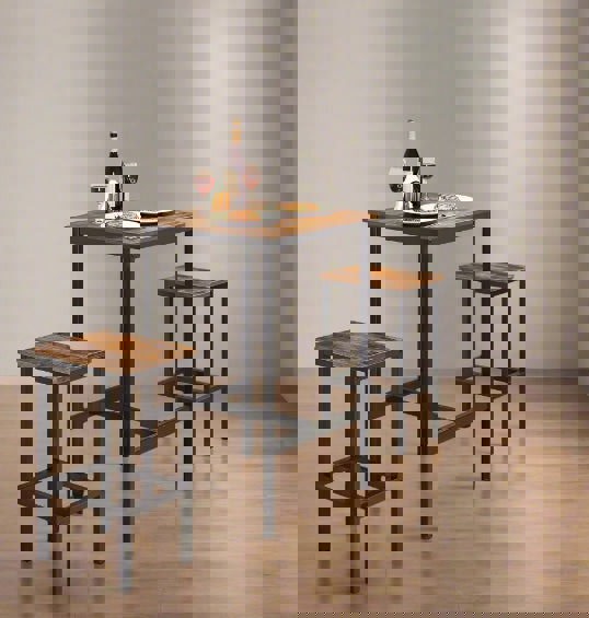 Modcraft Compact Dining Table and 2 Chairs Set with Footrests, Industrial Style, Rustic Brown and Black