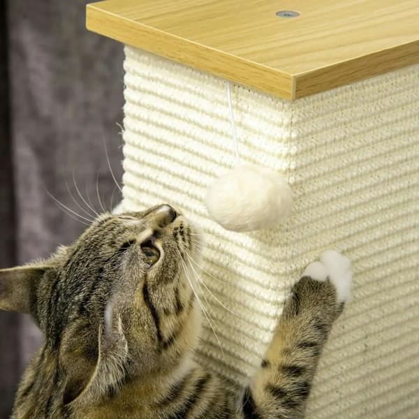 Cream sisal rope scratching column with wooden top and plush hanging ball