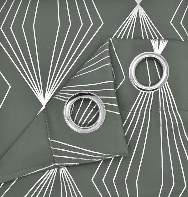 Velosso Elegant Geometric Foil Print Ring Top Thermal Blackout Curtains, Energy Saving Soft Fabric, Contemporary Style - 168cm x 137cm