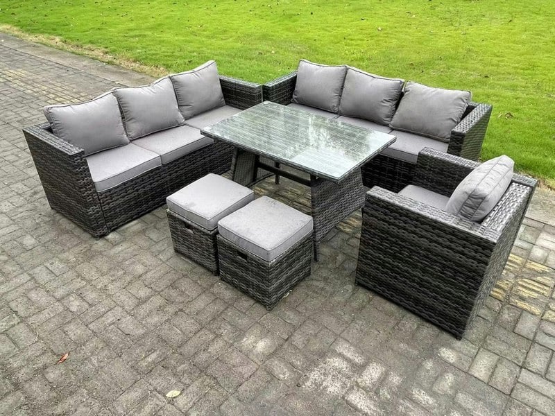 Fimous 9 Seater Wicker PE Rattan Garden Dining Set Outdoor Furniture Sofa with Patio Dining Table Armchair 2 Small Stools Dark Grey Mixed