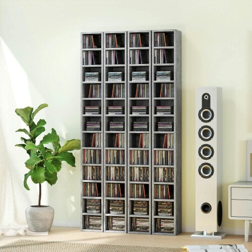 Wyld Haus Loli Wooden Cement Grey Tall Narrow Media Storage Tower With 204 Disc Capacity