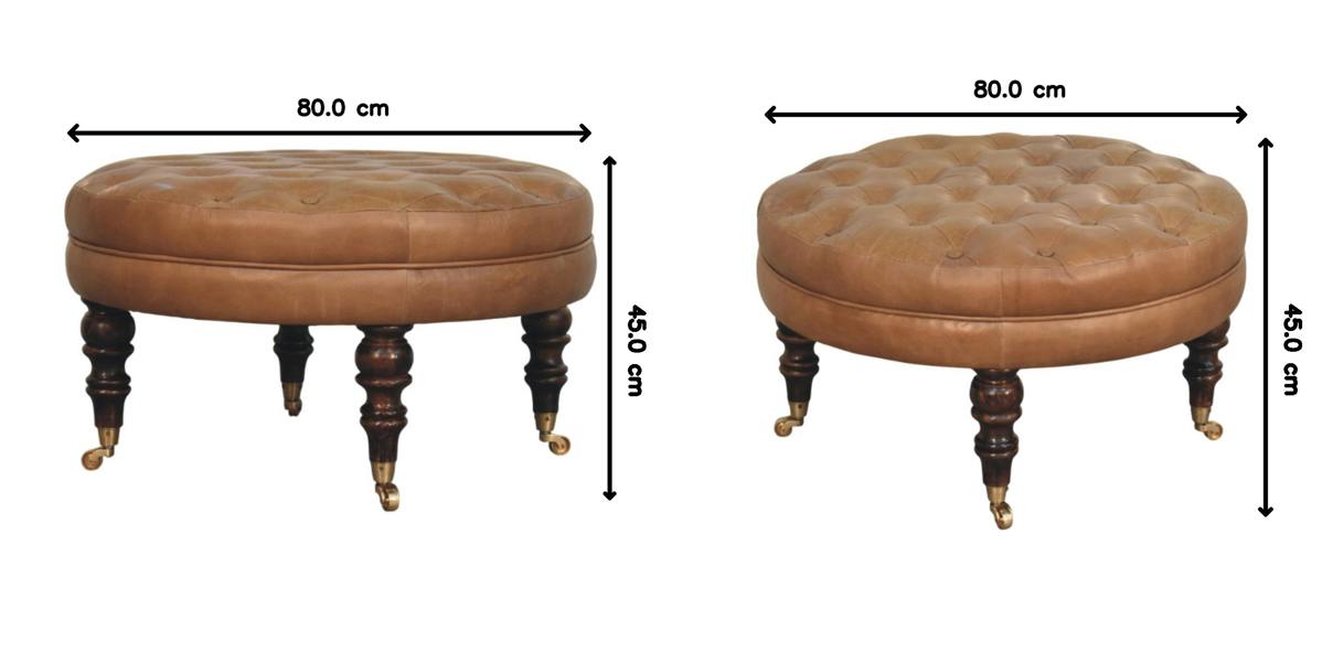 Artisan Furniture Solid Wood Brown Buffalo Leather Round Ottoman with Castor Legs