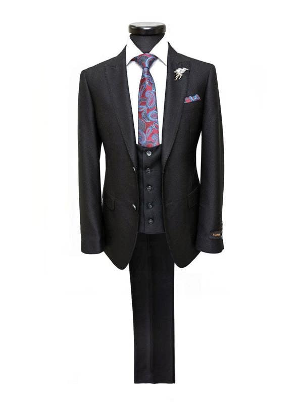 Black textured slim fit suit with two buttons and notch lapel, tailored by PAMONI, displayed on a mannequin.