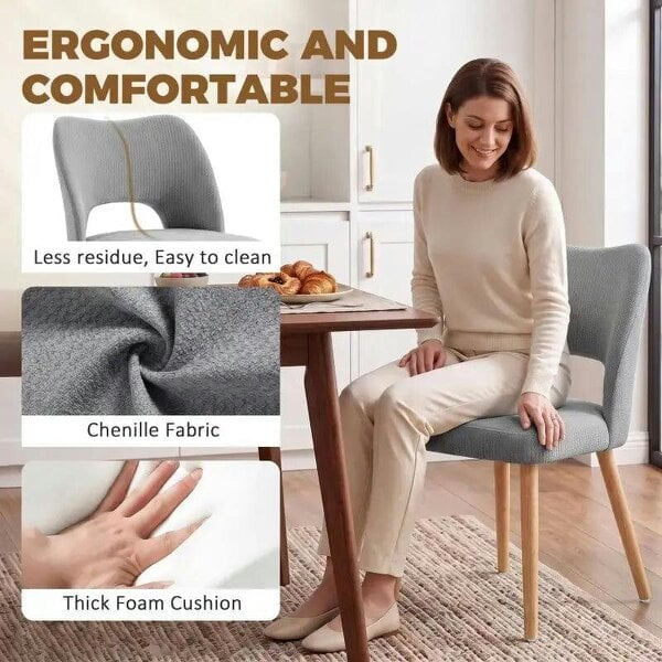 Bobobiy Dining Chairs Set Upholstered Kitchen Chenille Tool Free Assembly Rubberwood Legs, Grey