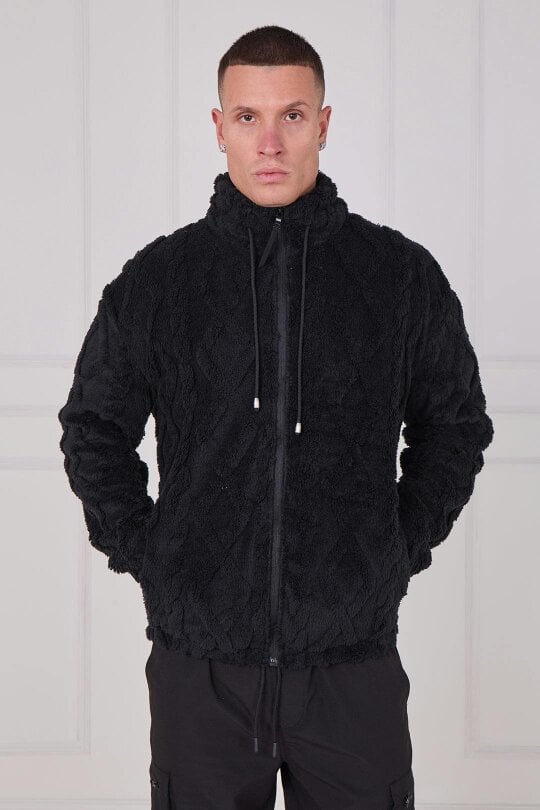 Luxe Textured Faux Fur Zip Jacket - Black