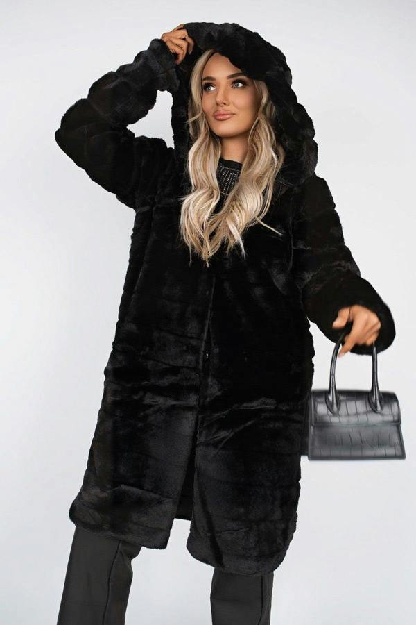 Milara Longline Faux Fur Hooded Coat - Black