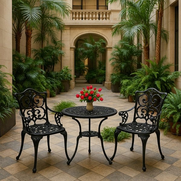 Centurion Supports TABREEZ Garden and Patio Table and 2 Large Chairs with Armrests Cast Aluminium Bistro Set - Black