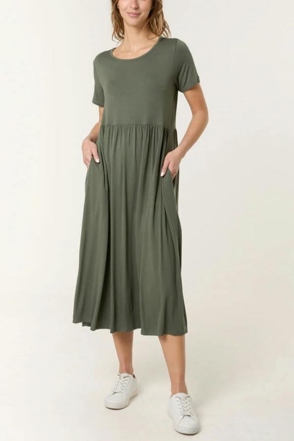 Hoxton Gal Oversized Round Neck Stretch Tiered Midi Dress in Khaki