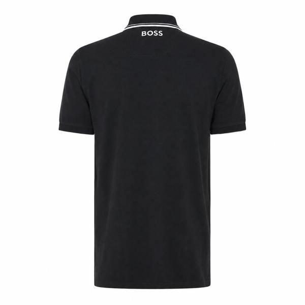 Back view of a black BOSS Paddy Pro polo shirt featuring a white logo on the collar and striped trim on the sleeves.