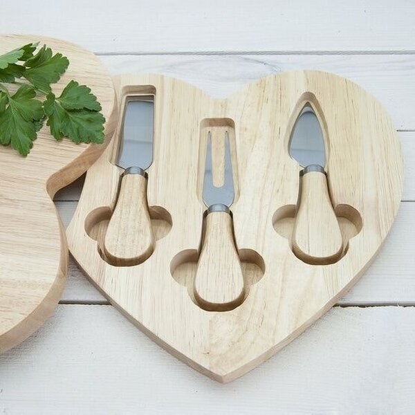 Diletto Gifts Rubberwood Heart Shaped Cheese Board with 3 Piece Accessory Set