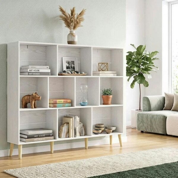 10-Cube Bookcase, 3-Tier Book Shelf with Solid Wood Legs, 140 cm Modern Bookshelf with Anti-Tip Kit for Bedroom, White - White Wood Effect