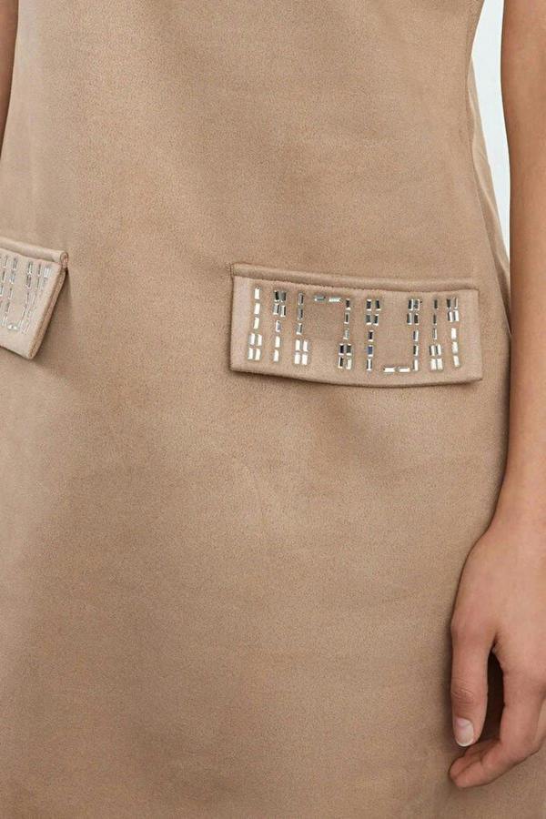 WOVCOR Crew Neck Mini Suede Knit Dress with Stone Detail