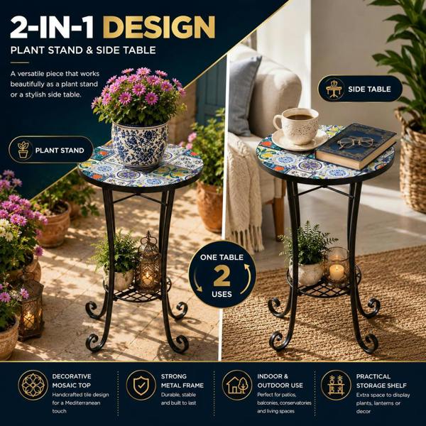 35cm Lisbon Mosaic Plant Stand/Side Table image 3