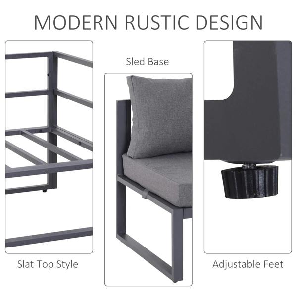 Grey sectional sofa set details: sled-style base, slat top, and adjustable feet