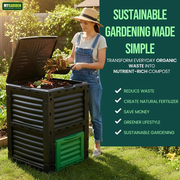 My Garden Outdoor Living Garden Compost Bin 300L with Spatula - Easy to Assemble Large Capacity Compost & Yard Waste Container