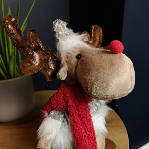 Samuel Alexander 38cm Plush Reindeer Christmas Decoration with Hat and Scarf in Grey