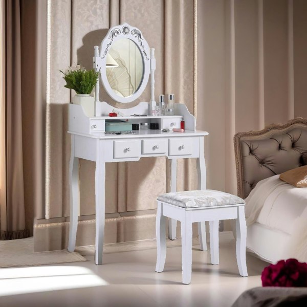 Rafaelo Mobilia 5 Drawer White Dressing Table With Mirror And Stool