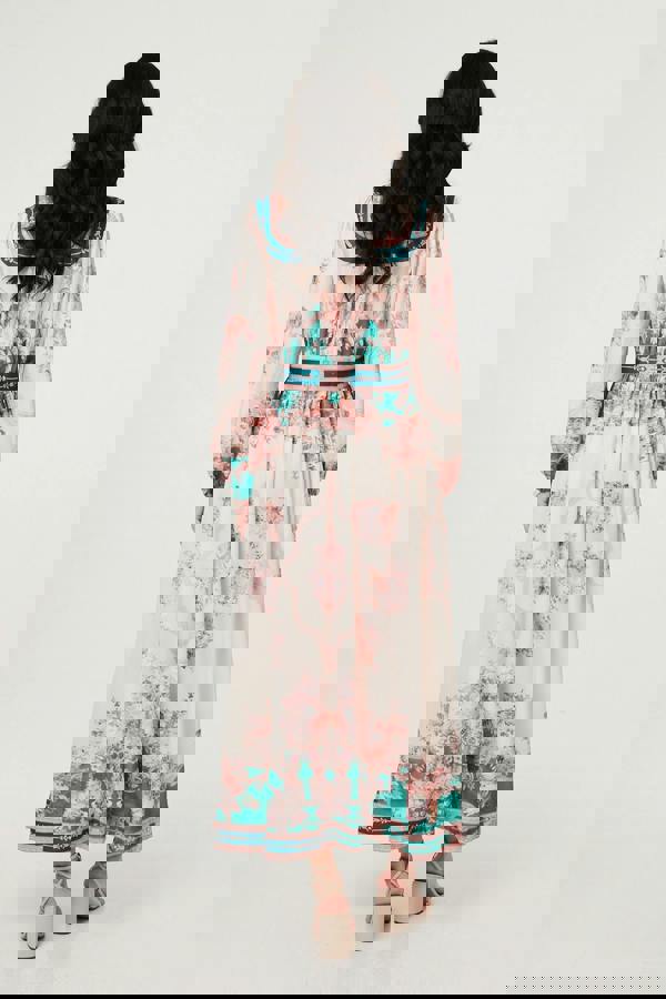 Green | Border Print V-Neck Buttoned Maxi Dress