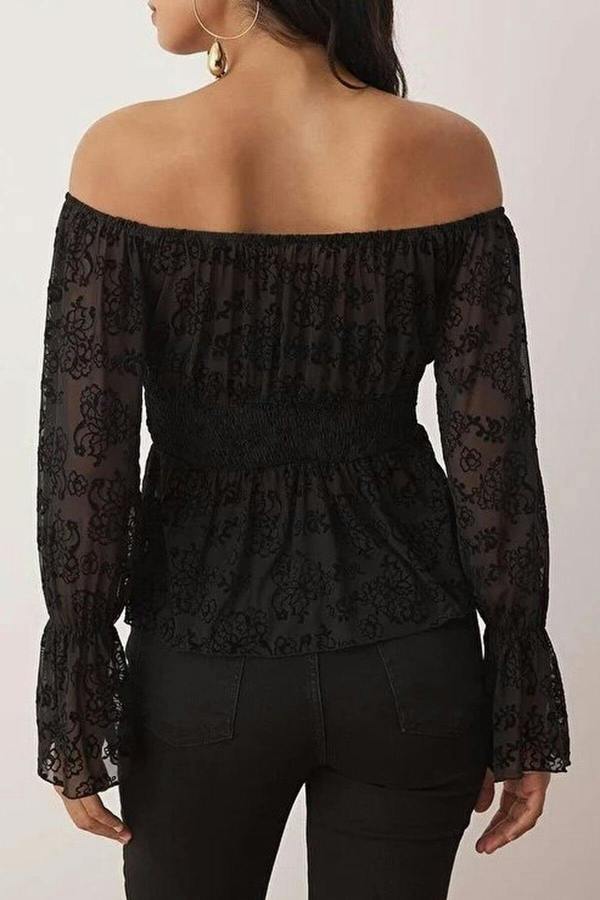 WOVCOR Floral Unlined Carmen Neckline Tie-Up Tulle Party Blouse