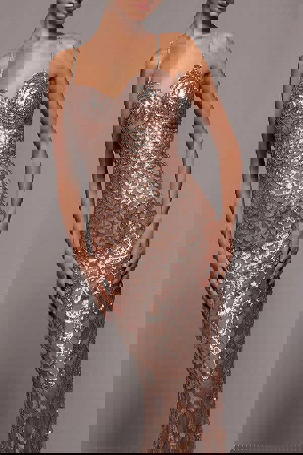 Diamante Strap Fish Scale Sequin Maxi Dress - Champagne DR4276