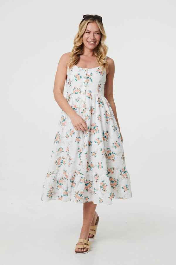 White | Floral A-Line Cami Strap Midi Dress
