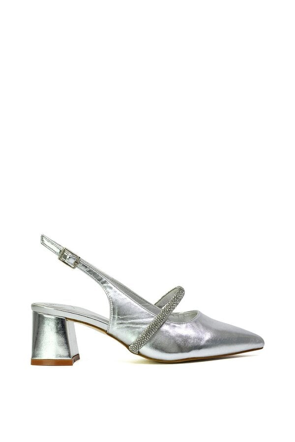 XY LONDON Slingback Strappy Pointed Toe Diamante Mid Block Heels - Silver