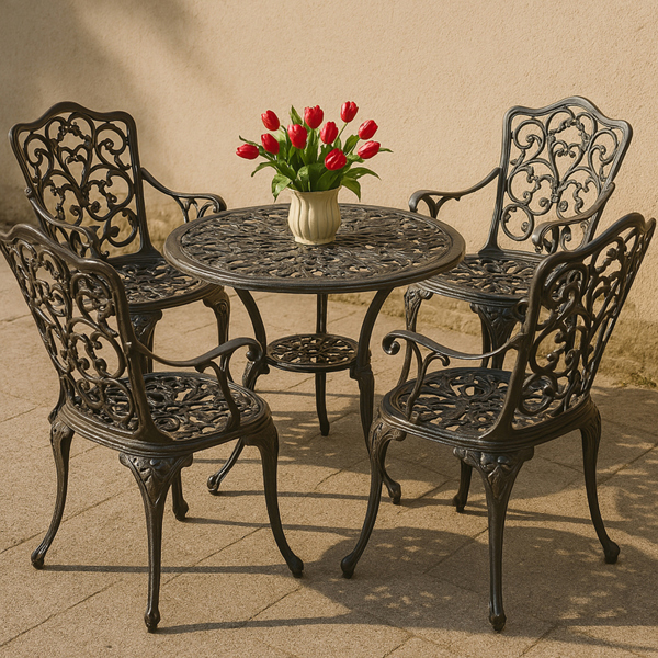 Centurion Supports TABREEZ Opulent Garden and Patio Table and 4 Large Chairs with Armrests Cast Aluminium Bistro Set - Black