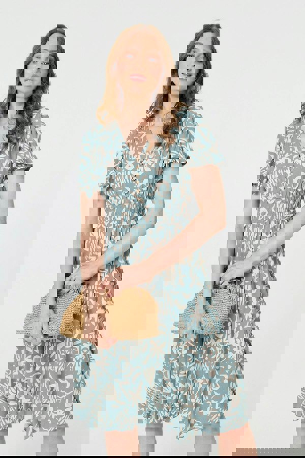 Sage | Abstract Print Shirred Knee Length Dress