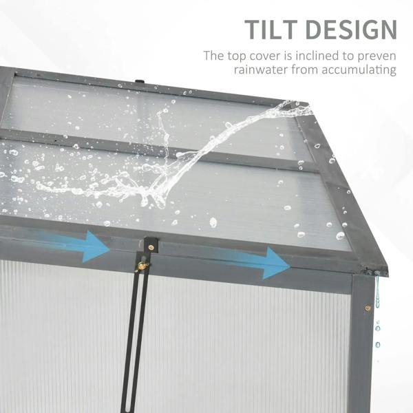 Grey cold frame lid tilt design with clear polycarbonate cover and hinge hardware