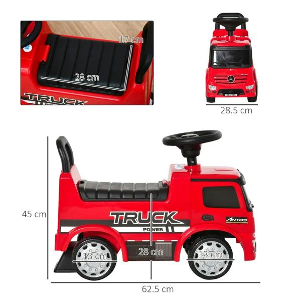 Red ride-on truck side profile with black seat and steering wheel