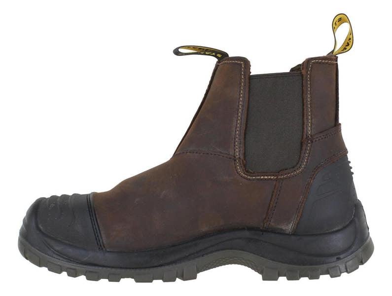 Stanley Riley Mens Pull On Steel Toe/Midsole Chelsea Dealer Boots, brown leather work boots with slip-on design, steel toe protection, and rugged sole ideal for heavy-duty workwear.