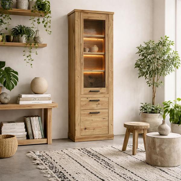 Wyld Haus Coppermere Artisan Oak Effect Tall Display Cabinet 2 Doors 1 Drawer