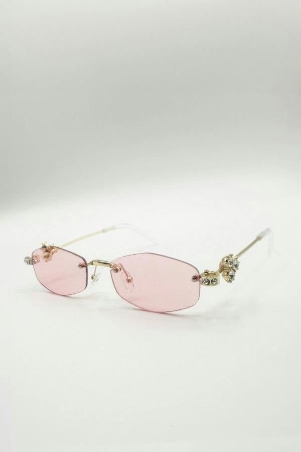 Rimless Oval Diamante Sunglasses In Pink - svnx