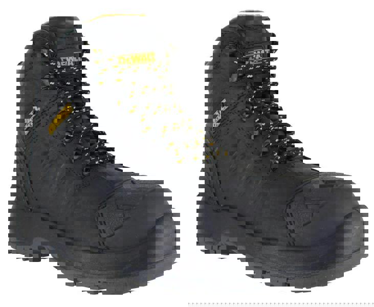 DeWalt Hadley Mens S3 Size Zip Steel Toe Work Lace Up Boots, black leather safety boots with yellow accents, lace-up front, steel toe cap, rugged sole, and reinforced toe protection.