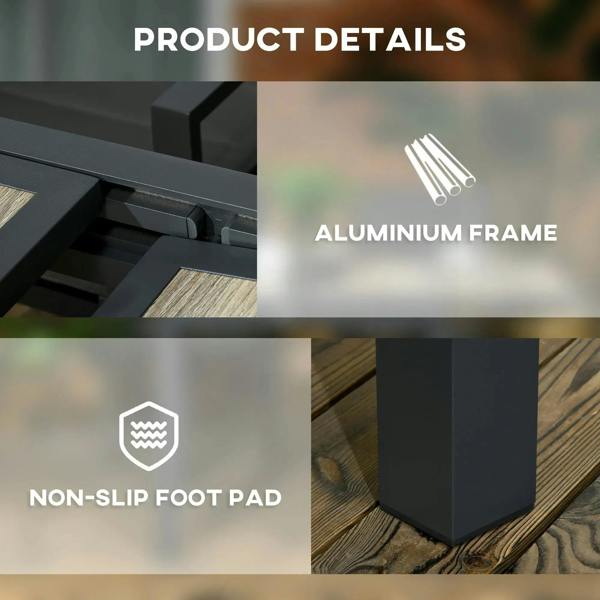 Aluminium frame outdoor dining table corner with non-slip foot pad detail