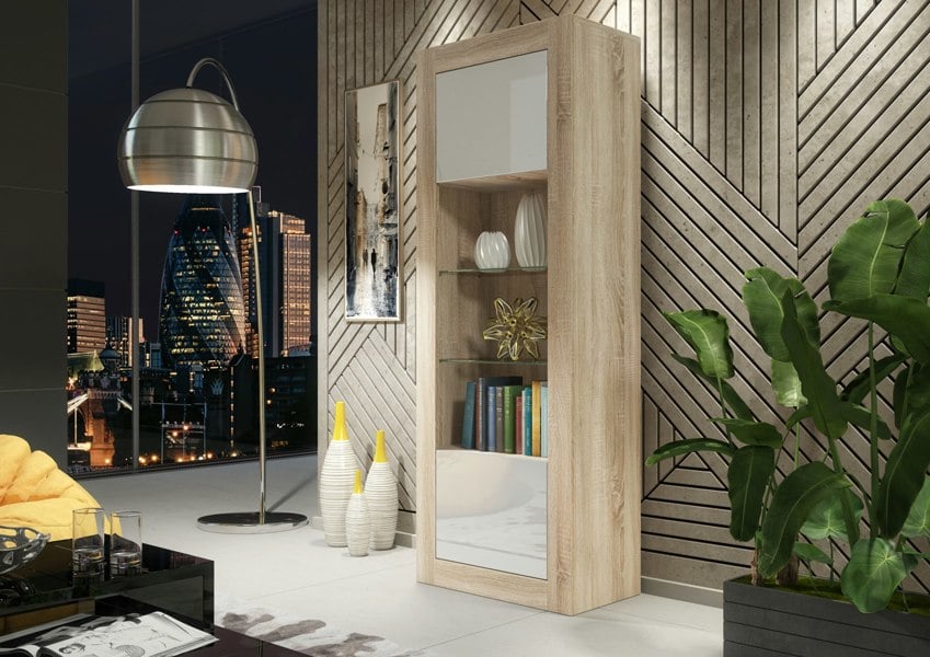 Mex Furniture Modern Display Cabinet 170cm – Oak Body & White Gloss Doors