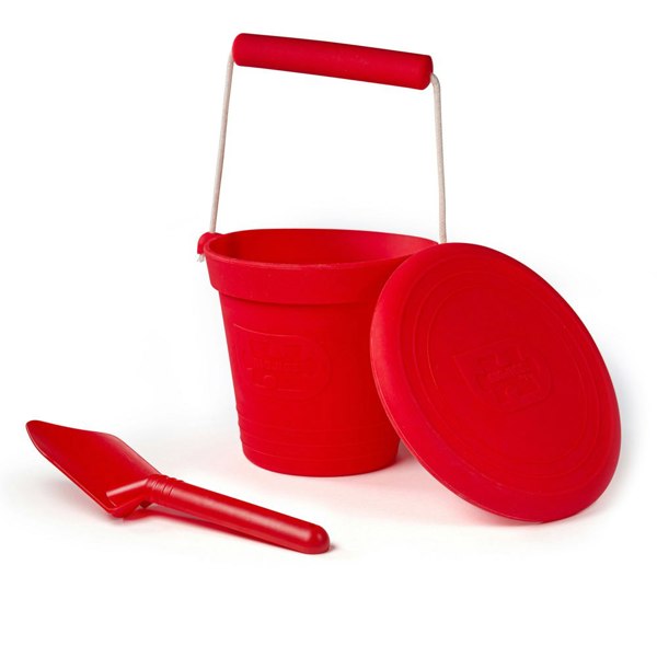 Bigjigs Toys 3 Silicone Beach Toys, Bucket, Flyer and Spade - Red