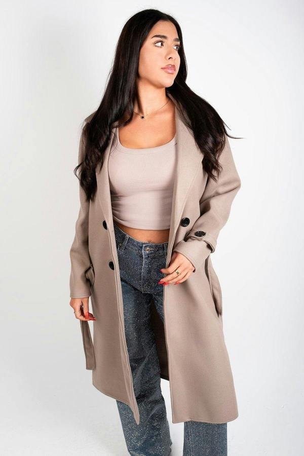 Avlina Double Breasted Belted Longline Coat - Brown