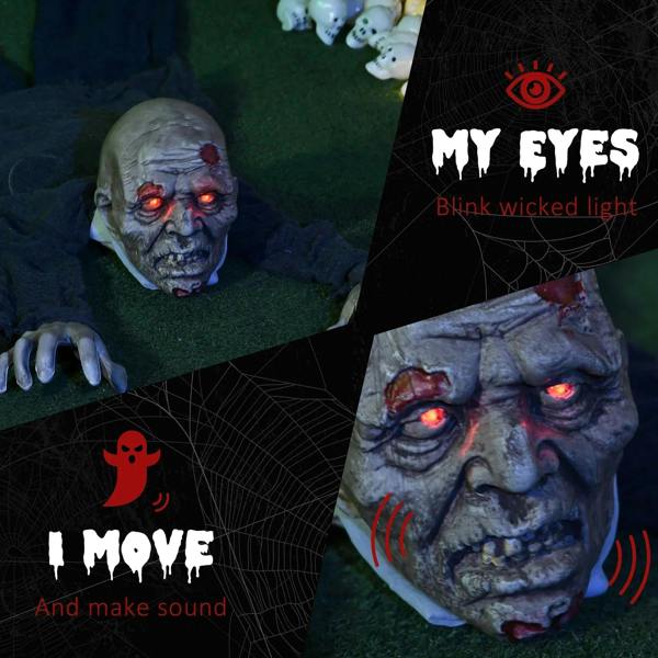 Creepy zombie Halloween prop face with glowing red eyes and pale skin, grey fabric