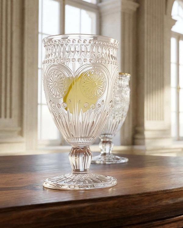 A clear cut-glass goblet with a heart pattern and a yellow center medallion, displayed on a dark wooden table in a grand, sunlit classical room with arched windows.