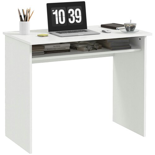 Wyld Haus Doha 90cm Wooden White Wood Grain Compact Study Desk With Storage Shelf