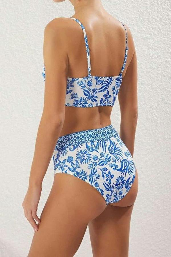 WOVCOR Floral Pattern Triangle Covered Hipster High Waist Bikini Set