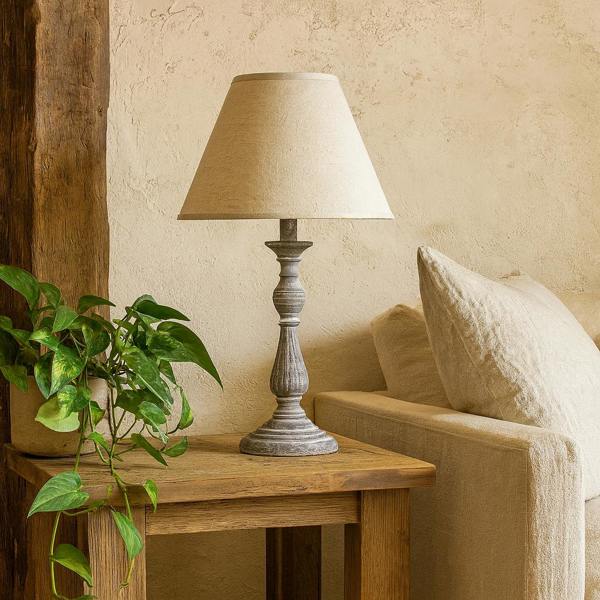 Wyld Haus Blesle White Washed Turned Wooden Pedestal Table Lamp With Cream Linen Shade