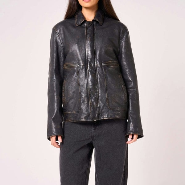 Barneys Originals Women's Oversized Vintage Look Leather Trucker Jacket